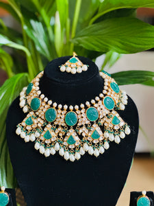 Mint Green Stone,Uncut Polki faux diamond ,Baroque Pearls Necklace