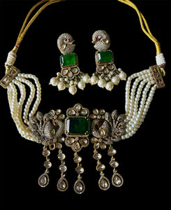 Pearl Victorian Polki Kundan High Neck Choker-Emerald