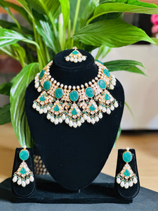 Mint Green Stone,Uncut Polki faux diamond ,Baroque Pearls Necklace