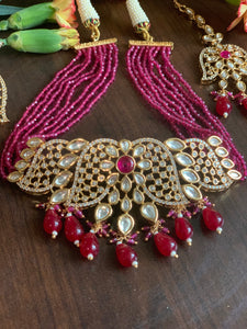 Ruby Beads Kundan Choker with Earrings and Mangtikka