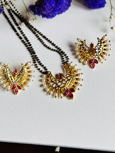 Long Mangalsutra Mala ,Ruby and Pearl Pendant  with Earrings