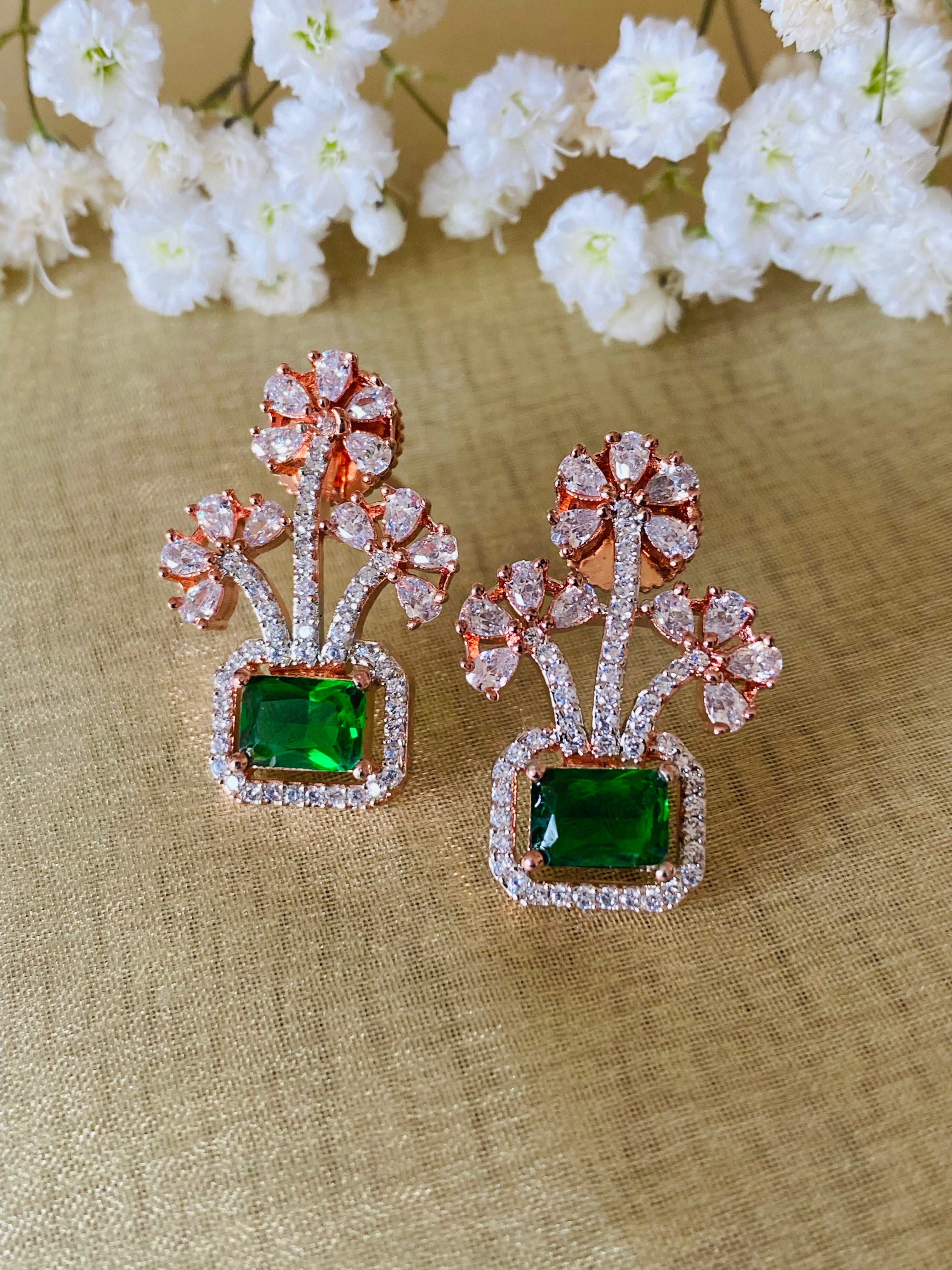 Rose Gold Green Ruby Stone floral earrings PriVeda