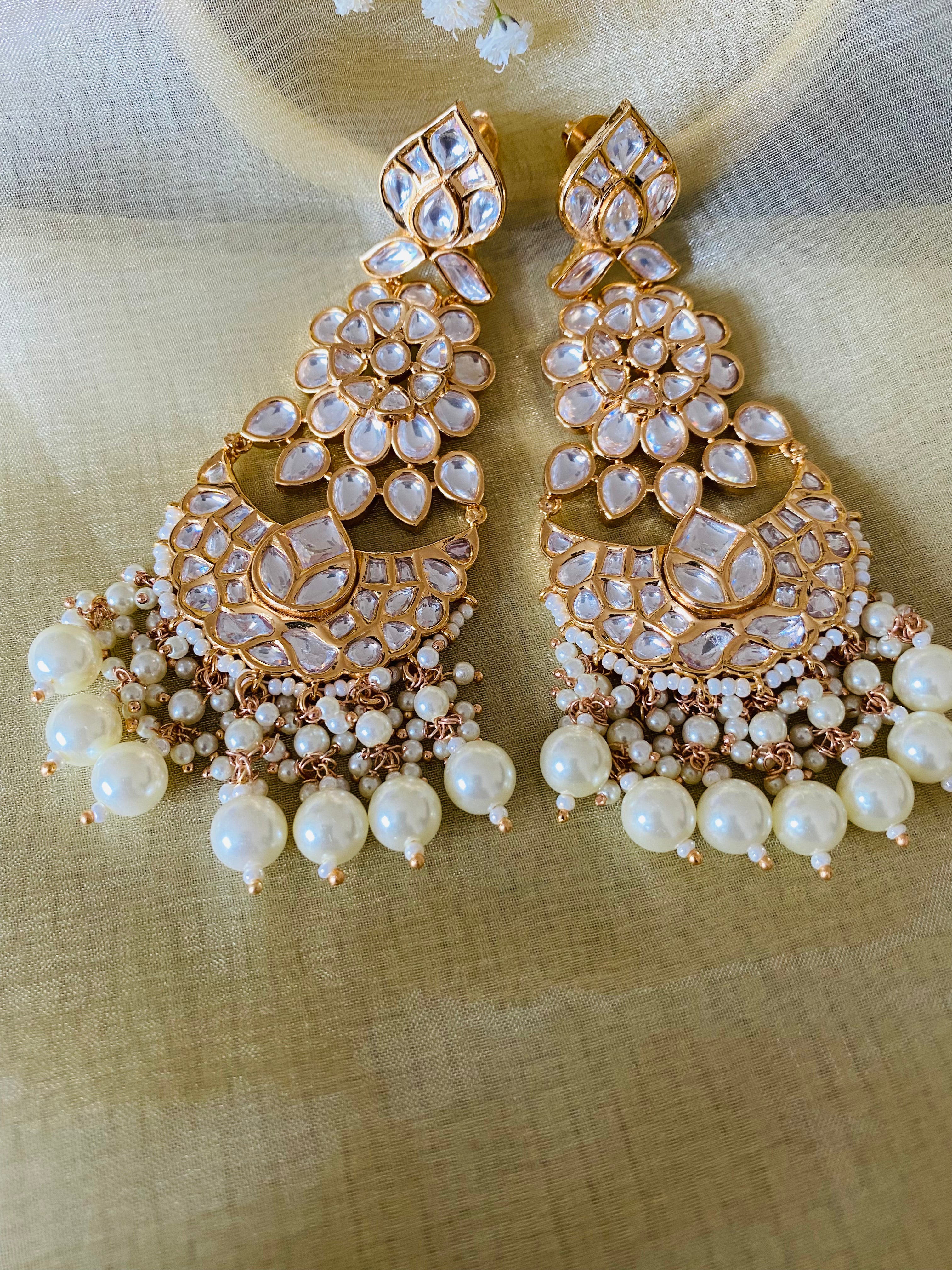 Polki Uncut Kundan long earrings with dropping pearls PriVeda