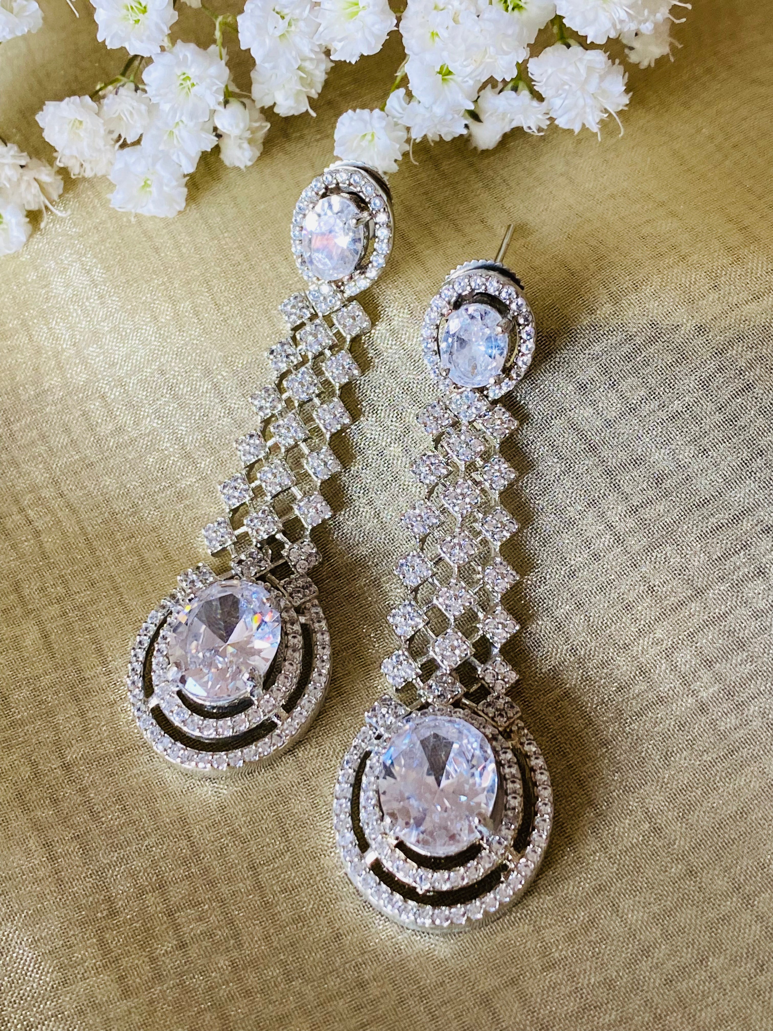 Rose Gold White Stone long Earrings