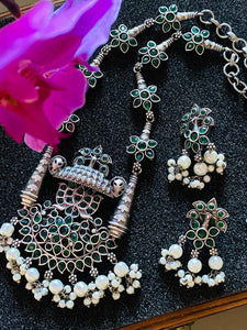 Green meenakari work long German silver necklace