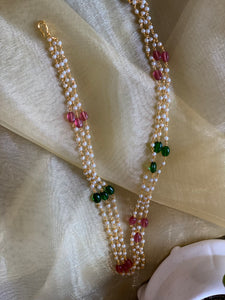 Layered White Beaded Mala with Red Green Beads