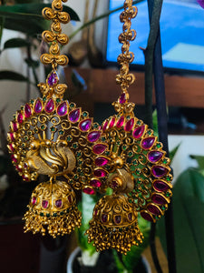 Traditional Peacock Jhumkas with Maatil- Red Green