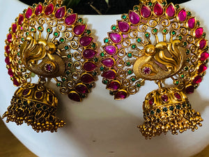 Traditional Peacock Jhumkas with Maatil- Red Green